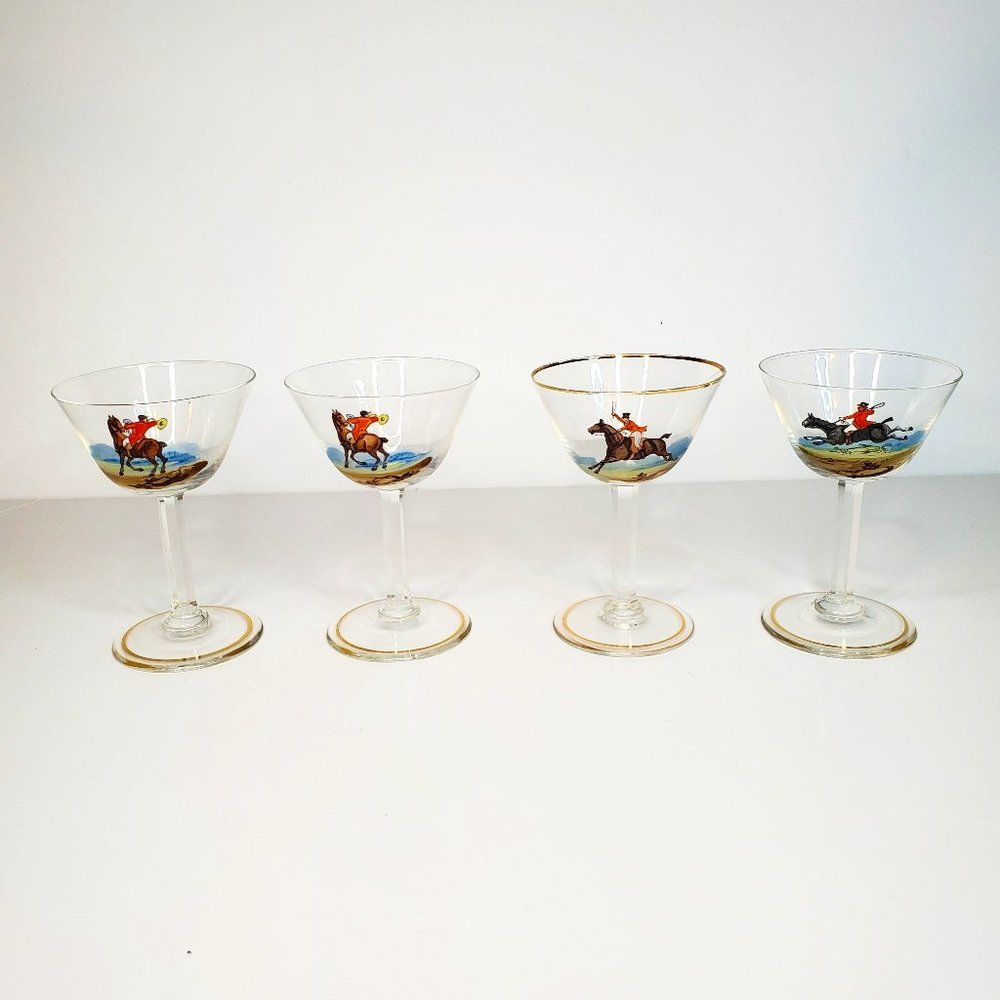 Set of 4 Vintage English Horse Riding Cordial Aperitif Handpainted Glasses